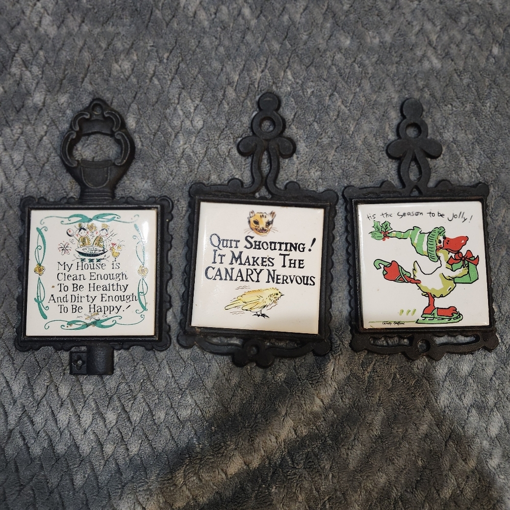 Vintage Set Of Three Ceramic And Cast Iron Trivets 6.5 X 3.5